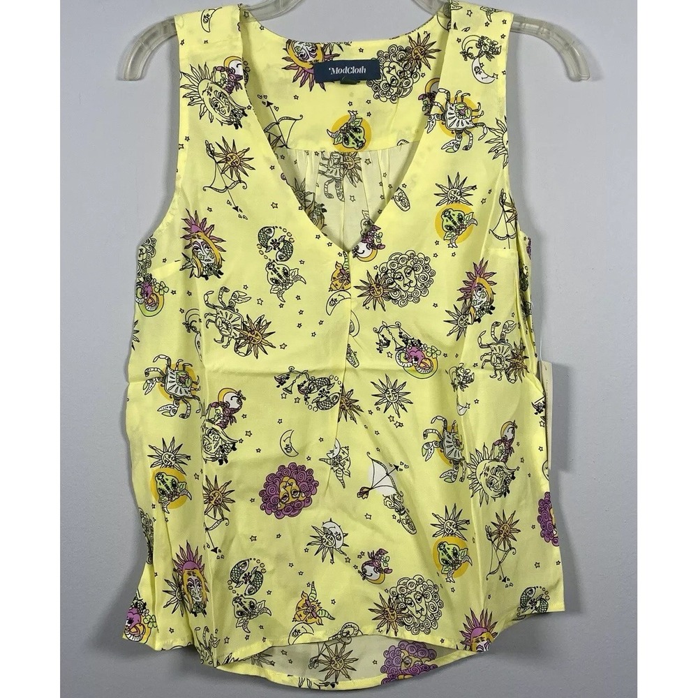 ModCloth Sleeveless Blouse Women's XS Yellow Zodiac Celestial‎ Sun Moon Teacher